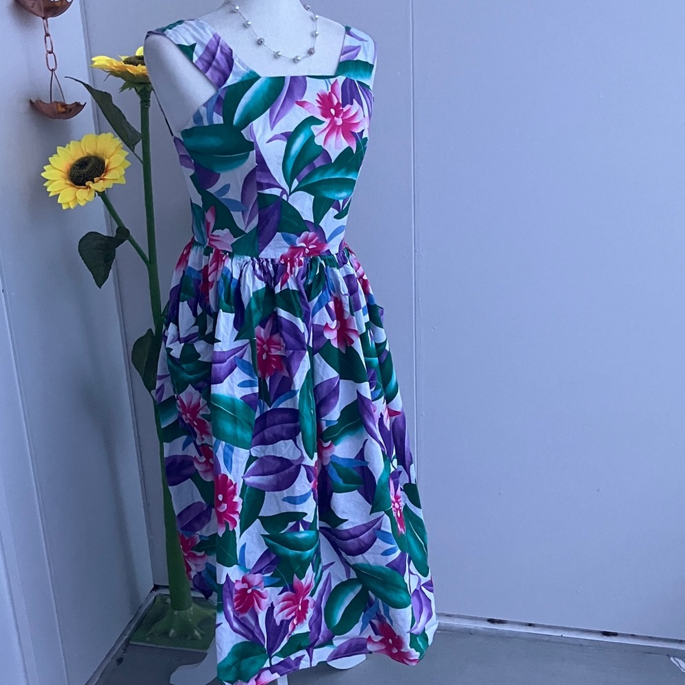 Vintage 80s Purple, Pink, & Green Tropical Floral Print Fit & Flare Midi Dress